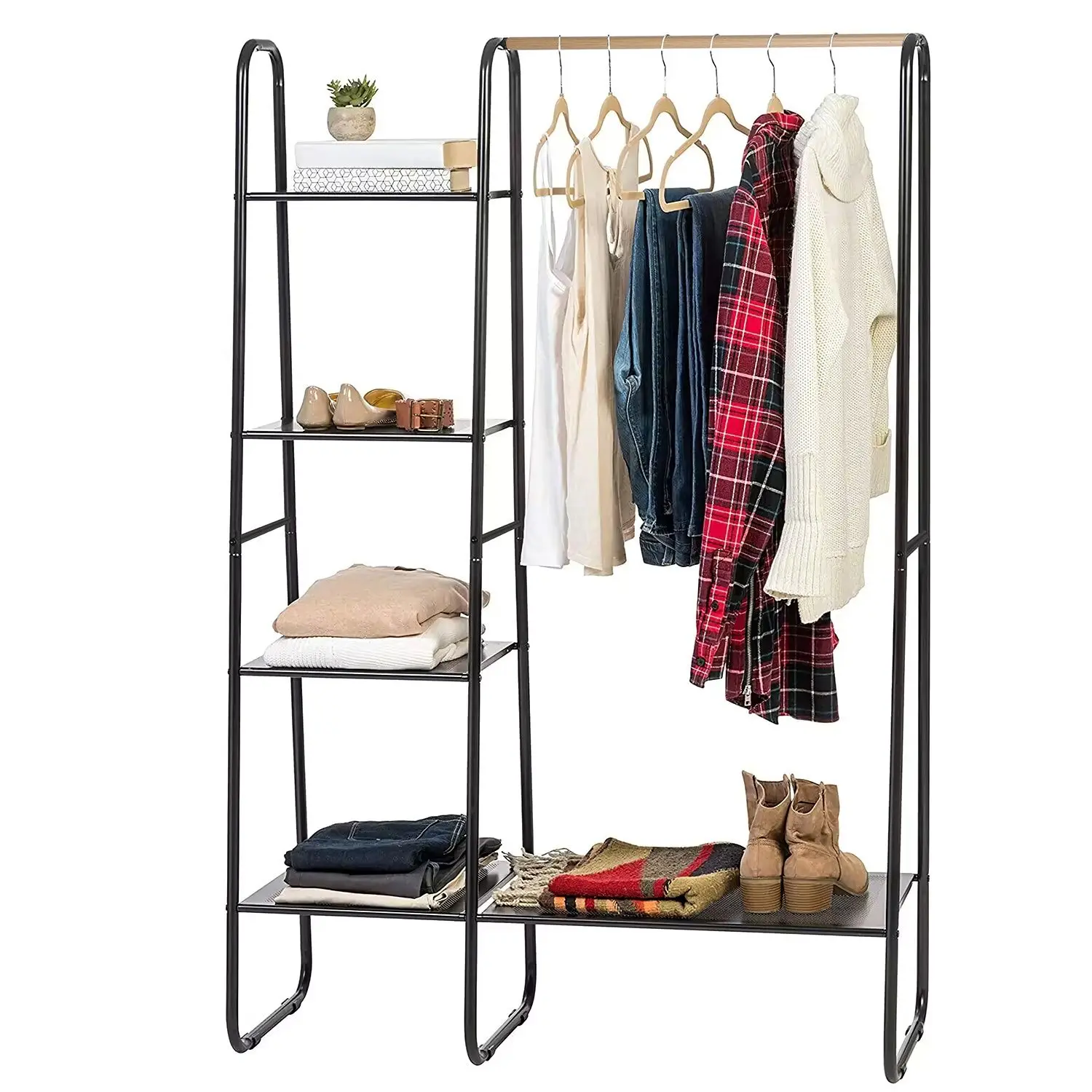 

Metal Garment Hanging Rack Shoe Clothing Organizer Shelves, Shoe Display Organizer with 1 Hanging Rod 5 Mesh Shelves