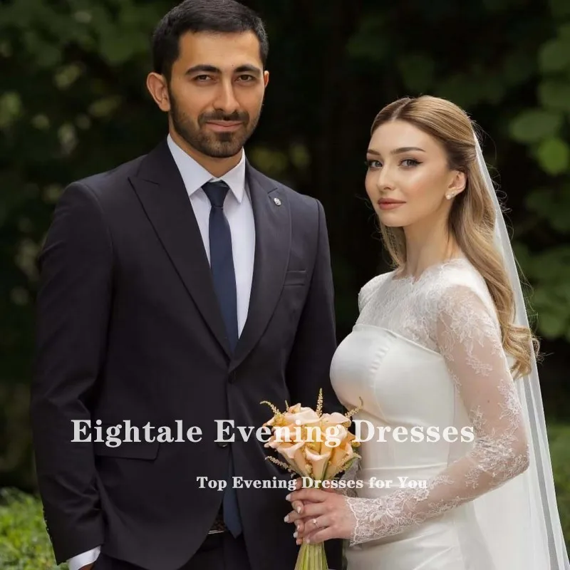 فساتين زفاف عربية Eightale رقبة دائرية دانتيل مخصصة من الساتان بأكمام طويلة عاجية حورية البحر زي العرائس Vestidos De Novia