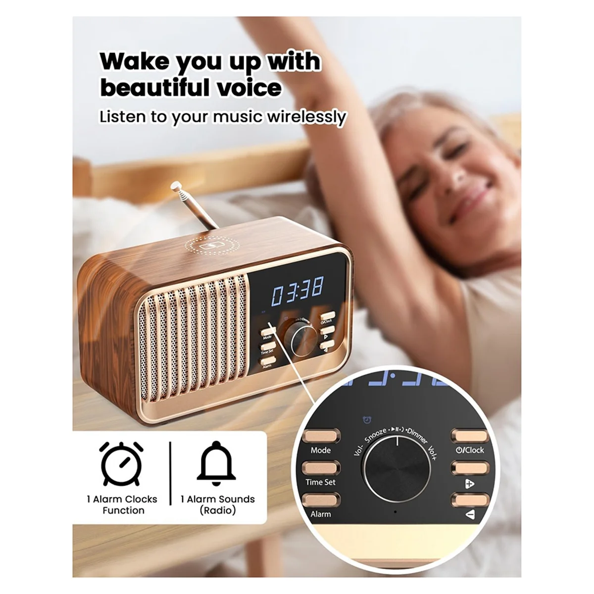 A25I Alarm Clock Radio with Fast Wireless Charging,Bluetooth 5.3/FM Radio/USB Port/TF Card/Aux in,8W Stereo Sound Speaker