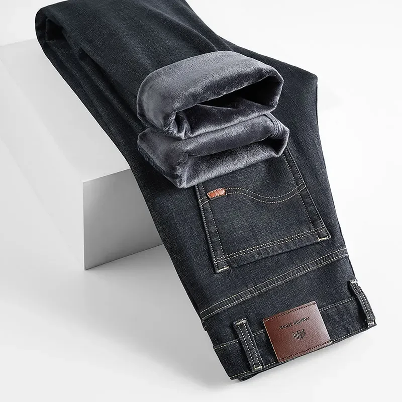겨울 신상 브랜드 클래식 비즈니스웨어 남성 데님 블랙 블루 진 플리스 두꺼운 따뜻한 핏 스트레이트 하이웨이스트 스트레치 바지