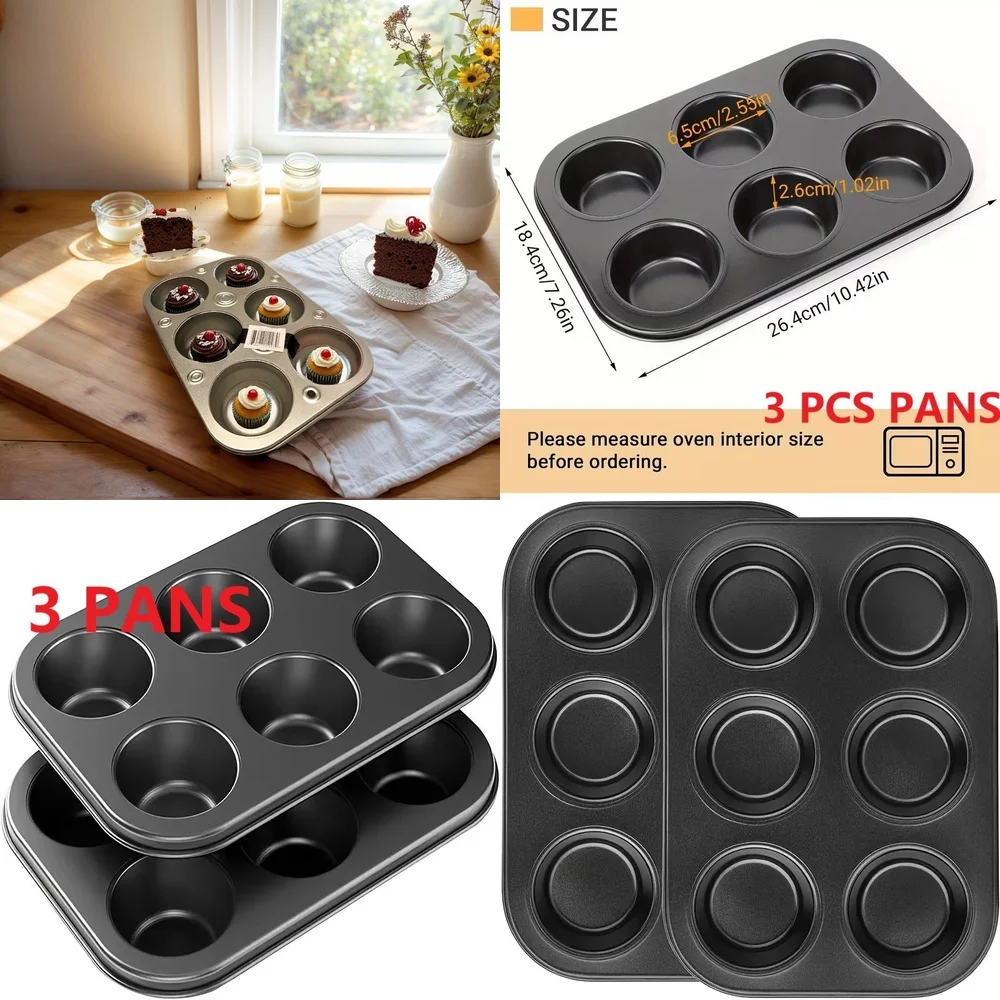 

6 Cup Muffin Tin Non Stick Bakeware Set 3 Pack Carbon Steel Cake Pan Baking Tray for Muffins Cupcakes Brownies Easy Release