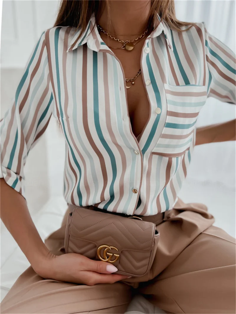 Elegant Women Blouse 2023 Spring and Autumn Temperament Top Long Sleeve Stripe Print Office Slim Fit Pocket Shirt