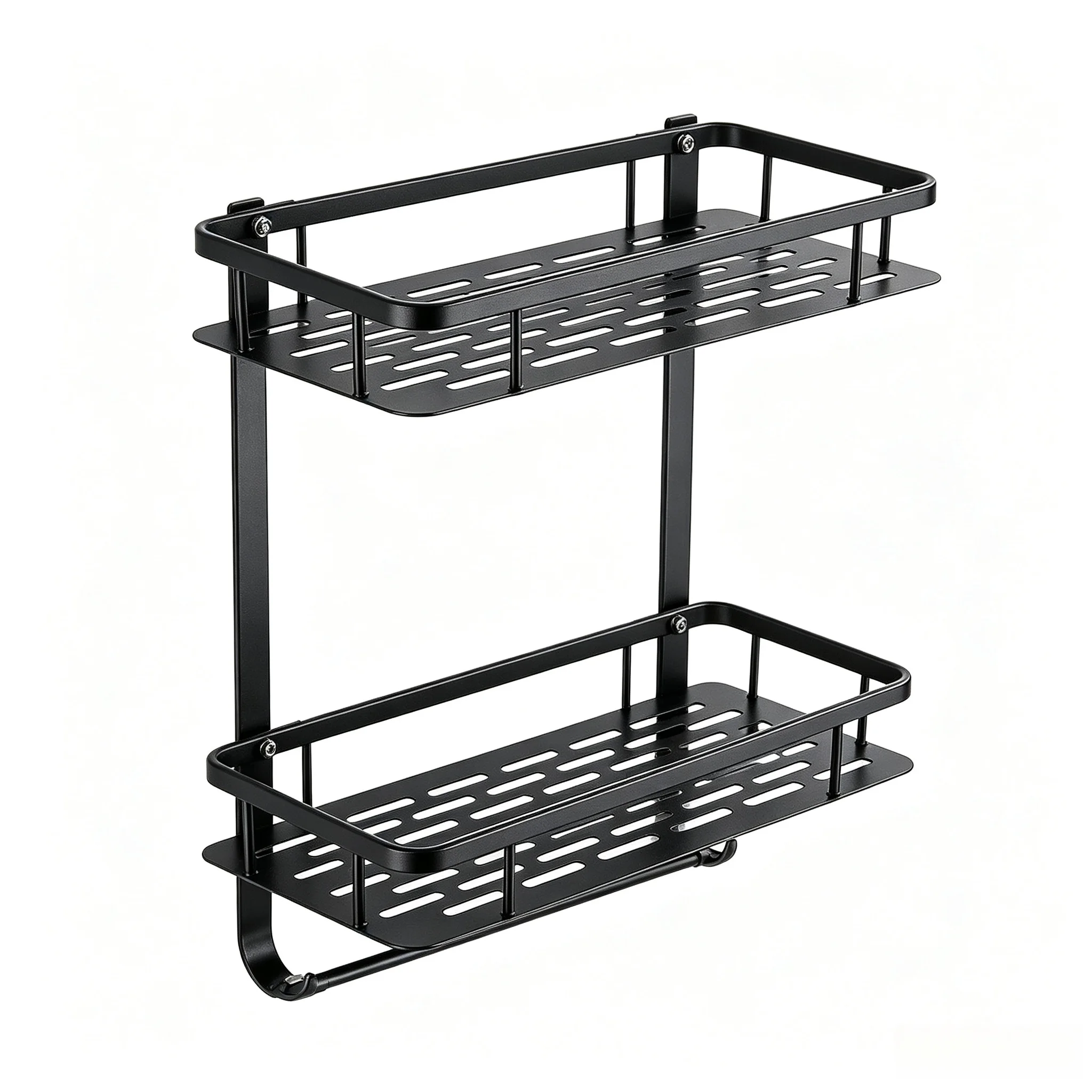 Black Aluminum Double Layer Corner Shelf for Bathroom Wall Storage Space Optimized Design for Towels Soap Dispensers and More