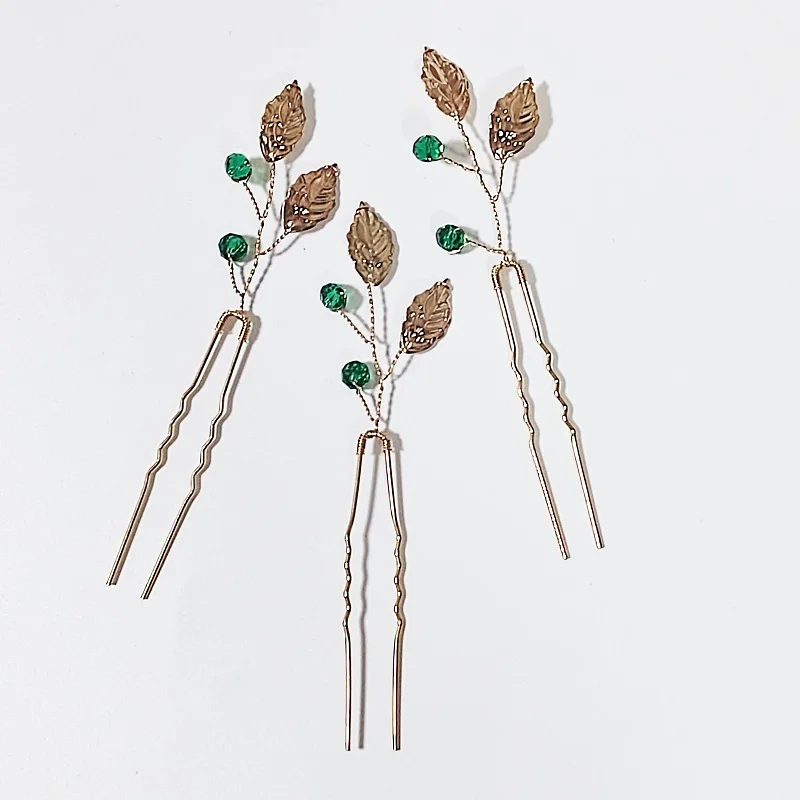 Luxury Gold Leaf Green Flower Hair Pins Set Bridal Wedding Headpieces Princess Hair Accessories Jewelry Holiday Gifts For Women