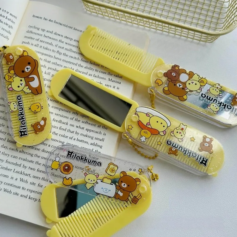 New Cute Cartoon Rilakkuma Portable Women's Folding Comb Mirror 2-in-1 Anime Peripheral Hair Decoration Gift
