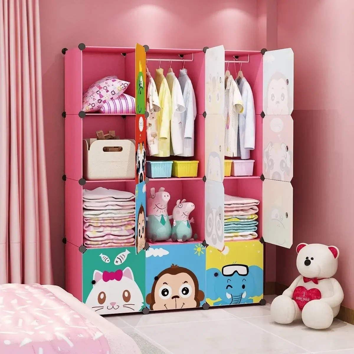 

Children Wardrobe Kid Dresser Cute Baby Portable Closet Bedroom Armoire Clothes Hanging Storage Rack Cube Organizer