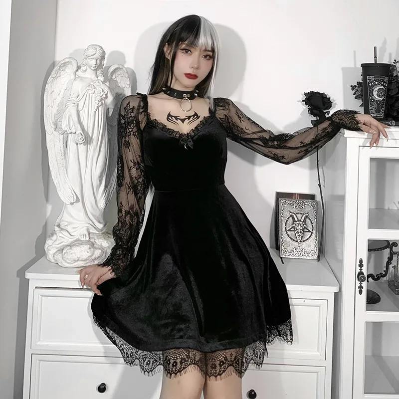 Vintage Gothic Halloween Medieval Party Mini Dress Black Flared Sleeve Y2K Sexy Lace Velvet Hip Hop Aesthetic Cosplay Costume