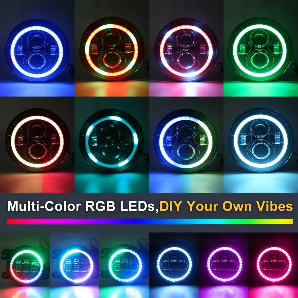 Super Cool 45W Round 7 Inch Rgb Music Controller DRL High Low Beam Halo Headlights for Jeep Wrangler JK for Harley Hummer