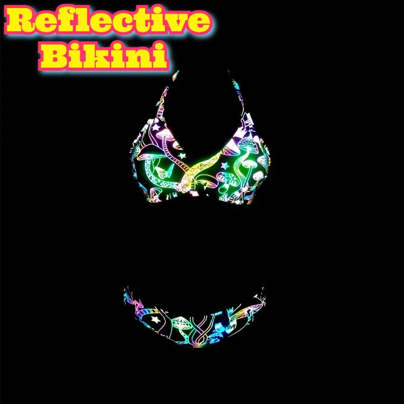 反射ビキニセット女性ツーピース水着セクシーな水着ビーチプールパーティー休暇夏水着トロピカルホルターハイ