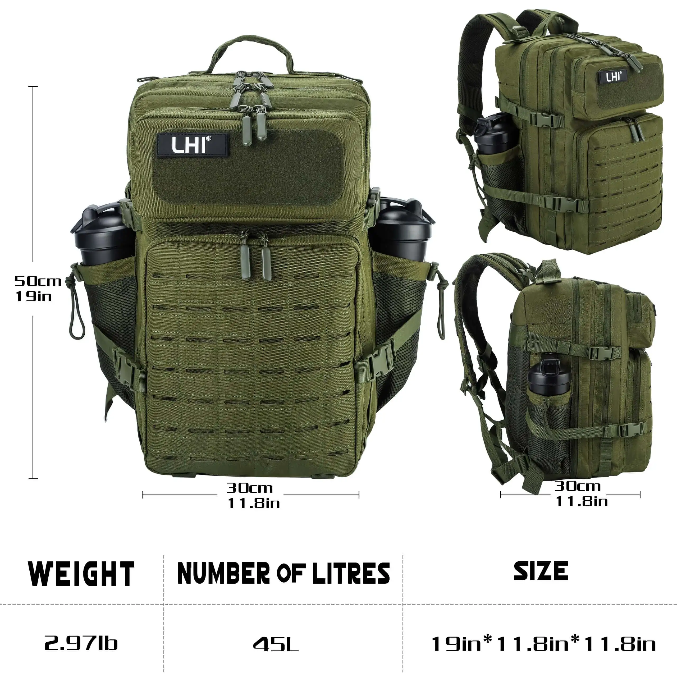 LHI 45L Military Tactical Backpack Army Camouflage Assault Pack Waterproof Outdoor Survival Bug Out Bag With Bottle Holder