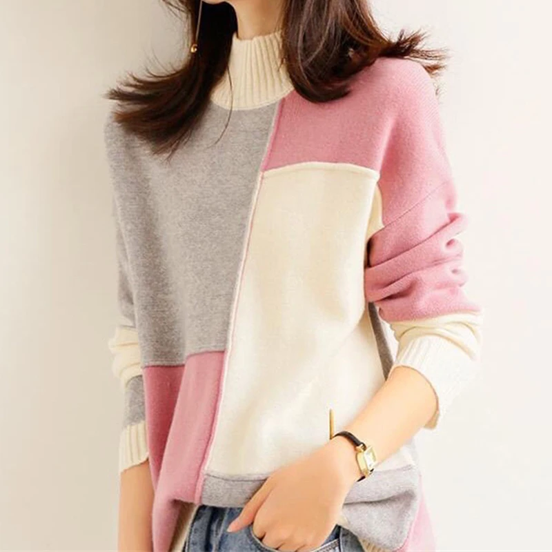 Autumn Winter Women Korean Contrast Color Half High Collar Knitted Sweater Casual Streetwear Long Sleeve Loose Tops Chic Jumpers