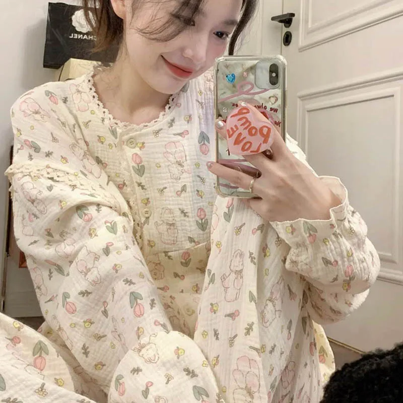 Korean Sleepwear Women Pajama Sets Floral Long Sleeve Piiama Cute Spring Sets for Women 2 Pieces Night Wears Sleeping Home Suit