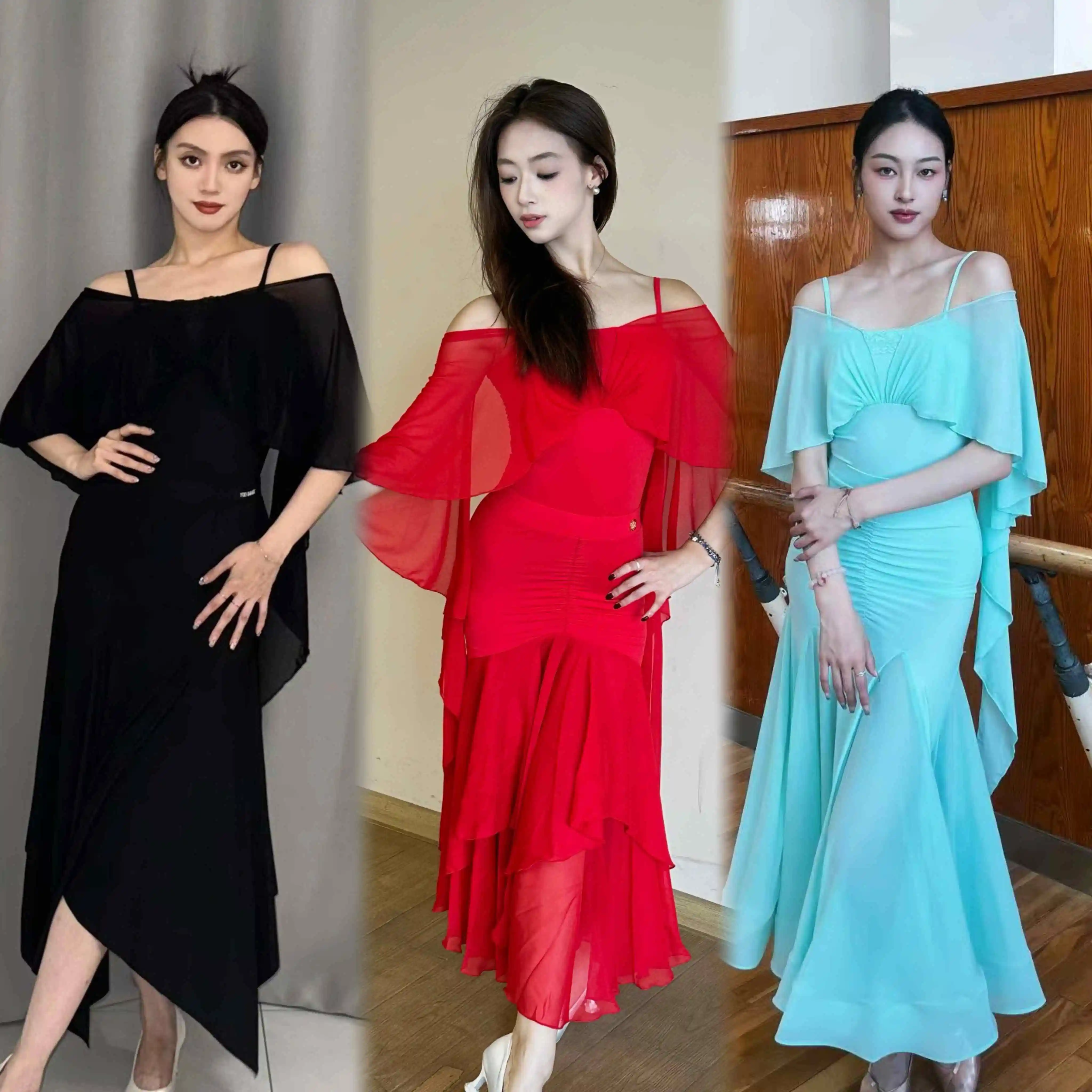 

Ballroom Dance Clothes Women Waltz Dance Dress Mesh Leotards Irregular Long Skirt Practice Dresses Performance Costume BL17145