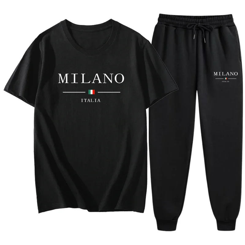 Diskon Besar Pakaian Olahraga Pria Kaus Katun Murni + Celana Jogging Poliester Pakaian Jalanan Gambar Cetak Milan Italia Setelan Olahraga Kasual