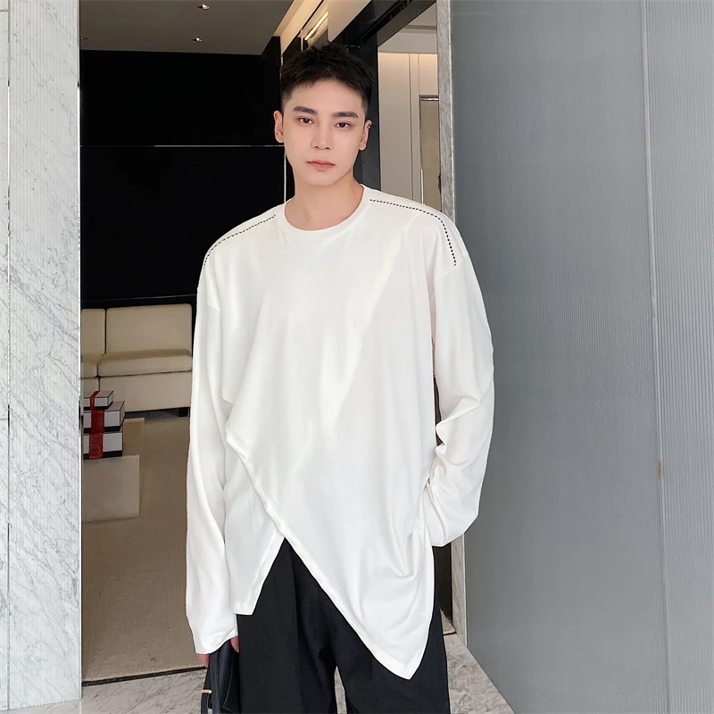 Men's Long Irregular Sleeve Top Niche Casual Asymmetric Hem High End Soft Fabric Minimalist Streetwear Daily Wear ZTEP