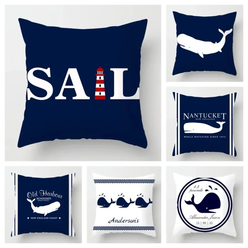 Nordic dark blue nautical series whale pillow cover sofa decoration cushion cover 45*45 home decoration can be customized