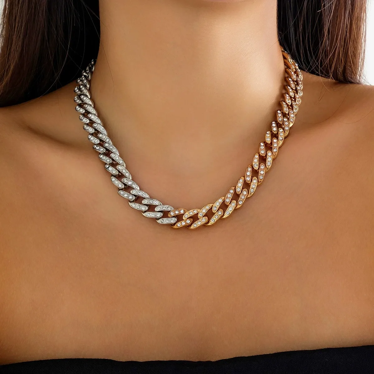 European and American cross-border jewelry, hip-hop diamond-filled Cuban chain punk necklace, thick chain choker niche necklace