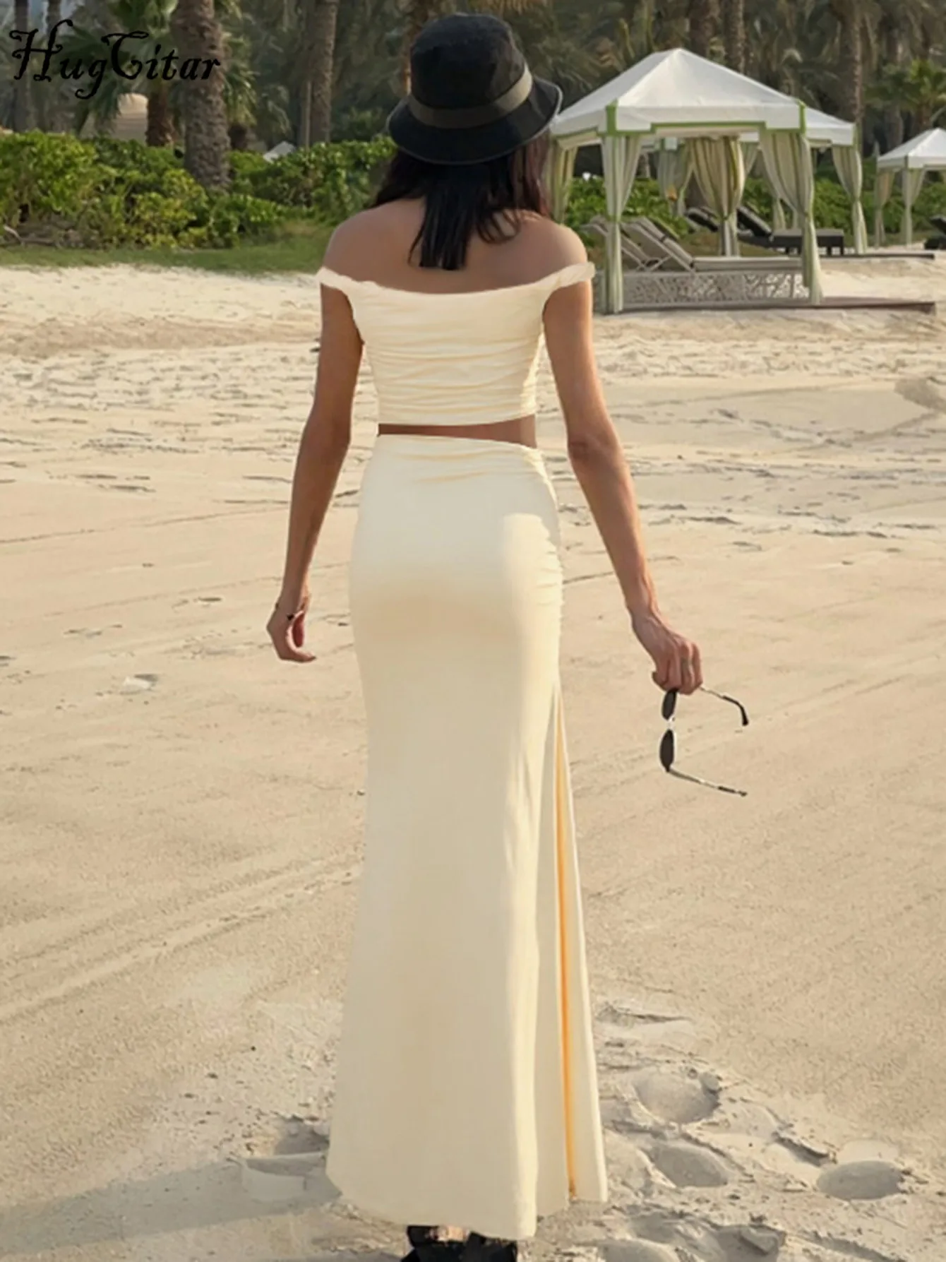 Hugcitar Elegant 2 Pcs Sets Solid Slash Neck Ruched Backless Sexy Crop Tank Top Maxi Skirt Women Vacation Outfits Party Club image 2