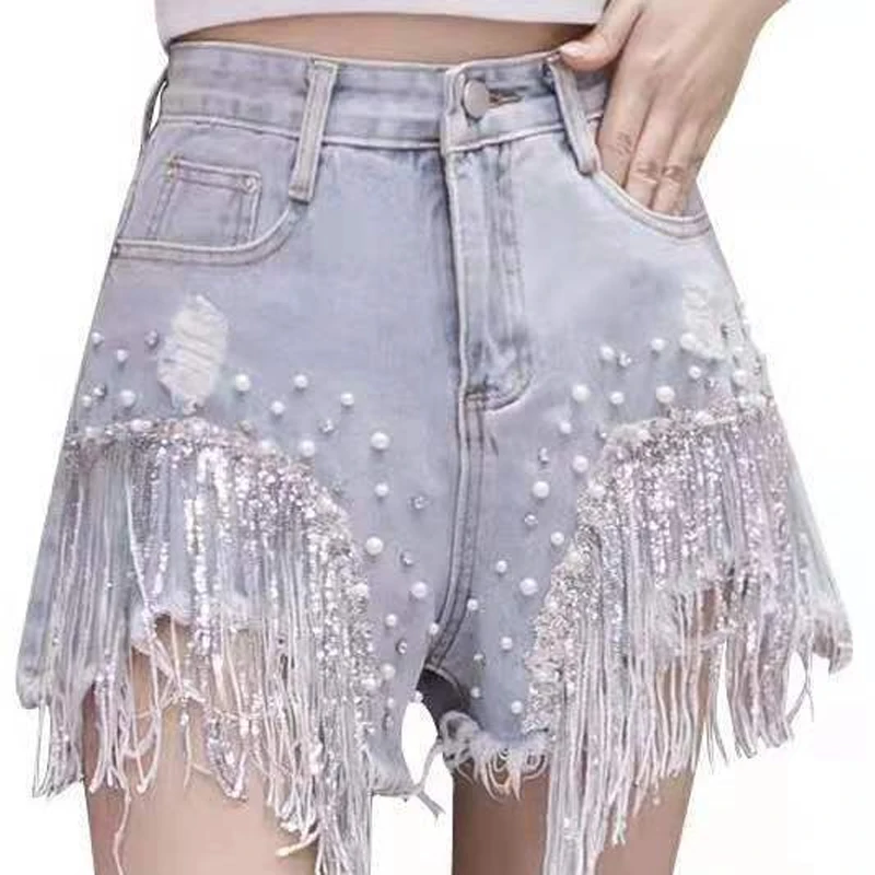 

Summer New Jeans Women Button Zipper Patchwork Pockets High Street Casual Loose Tassel Embroidered Flares Sequined Chic Shorts