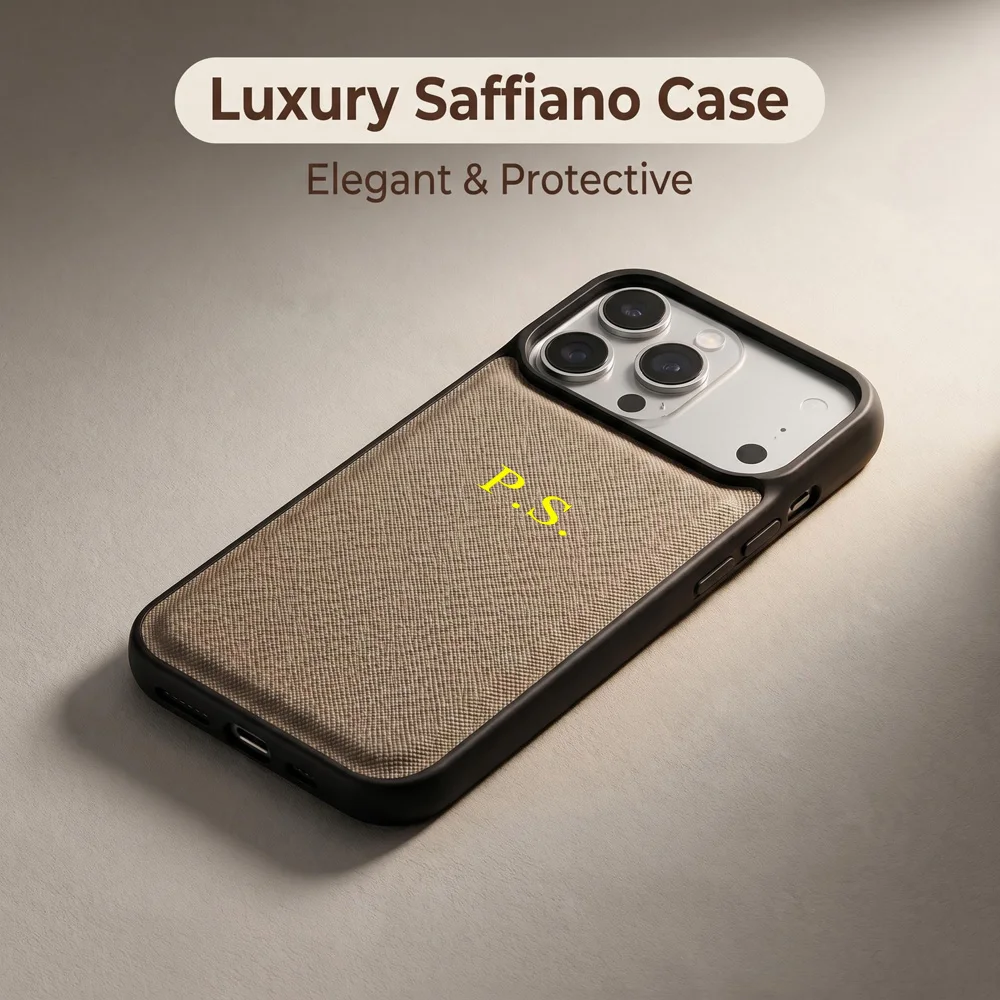 Premium Saffiano PU Leather Case Custom Hot Stamping Gold Initials Slim Anti Scratch Phone Protector for iPhone 15 16 17 Pro Max