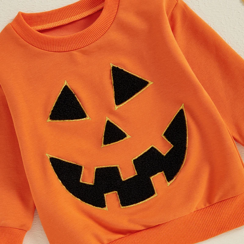 Baby Boy Girl Halloween Sweatshirts Pumpkin Embroidery Hoodies Crew Neck Long Sleeve Pullover Tops