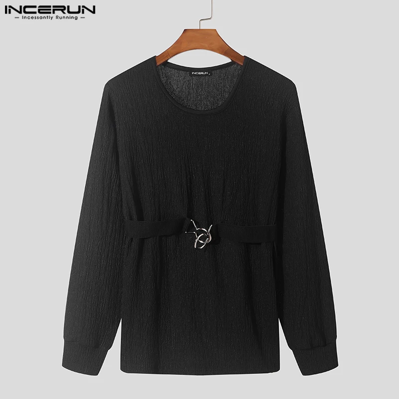 

INCERUN Men Casual Long Sleeve Tops 2025 Fashion Round Neck Knitted Camisetas Solid Fashion Streetwear Handsome T-shirts S-5XL