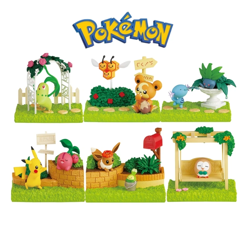 Original Re-ment Pokemon Garden Series Pikachu Eevee Teddiursa Chikorita Model Action Figure Cute Room Decor Kawali Dolls Toys