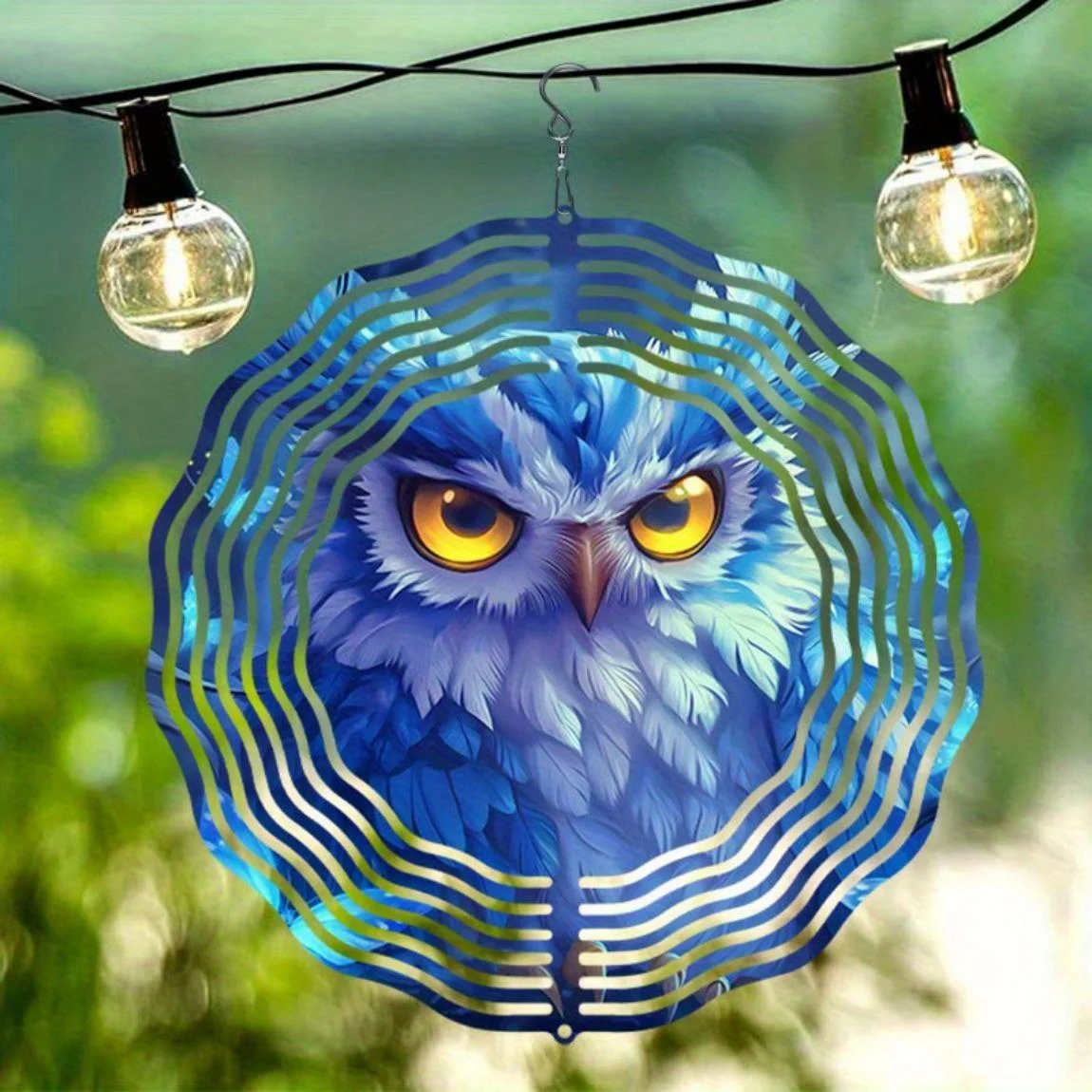CIFBUY Metal Wind Chime Owl Wind Spinner Garden Decor Rotating Patio Yard Bird Deterrent Outdoor Blue Yellow Bird Ornament