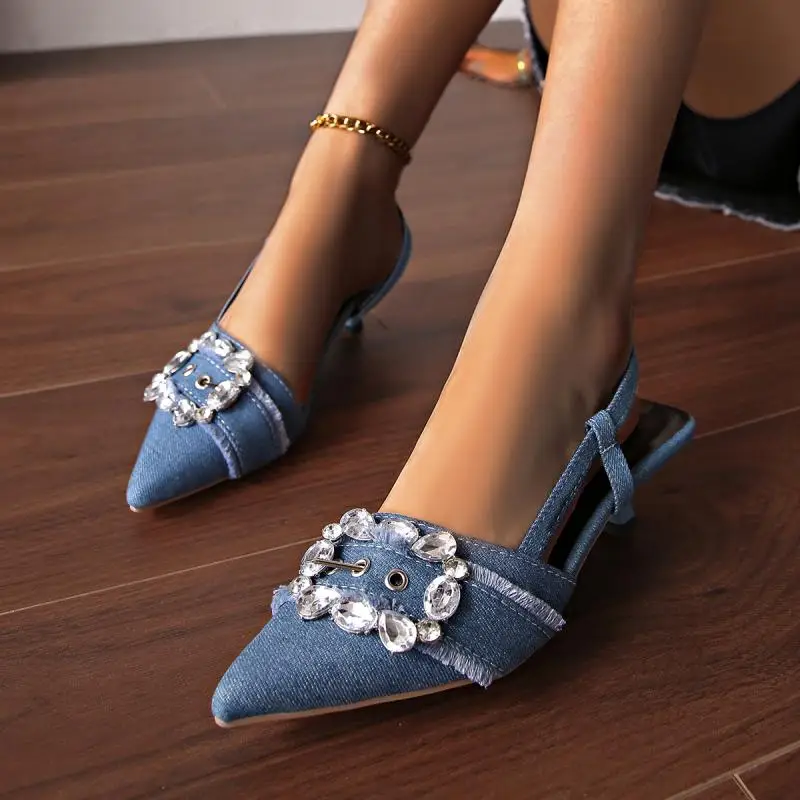 

Fashion Pointed Toe Denim Sandal Elegant Rhinestone Dress Party Medium Heel Sandals Luxury Glitter Buckle Decoration Women Shoes
