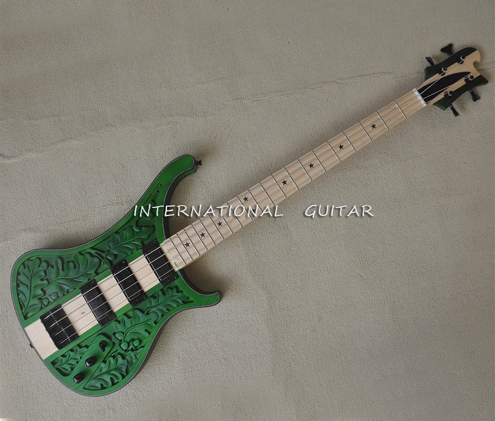 4 Strings Green Neck-thru-body Electric Bass Guitar with Sculpture Body,Maple Fretboard