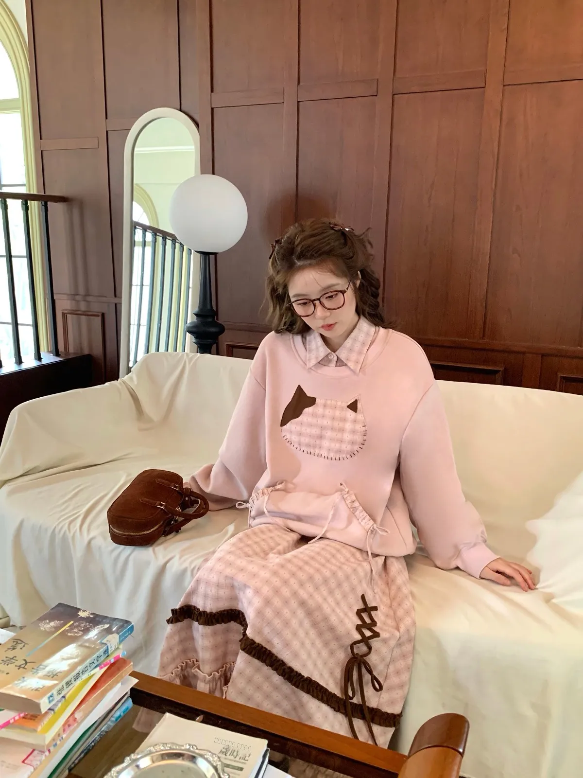 

Розовый свитер, комплект с юбкой, женский милый милый комплект больших размеров, весенне-осенняя юбка трапециевидной формы с высокой талией, длинный воротник Sve irt Dr