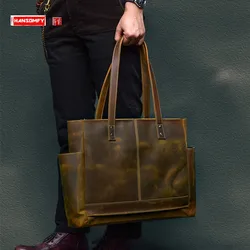 Borse da uomo originali in vera pelle borsa portatile Tote Bag Vintage borse per Laptop in pelle bovina Shopping borsa a tracolla orizzontale Tote Travel