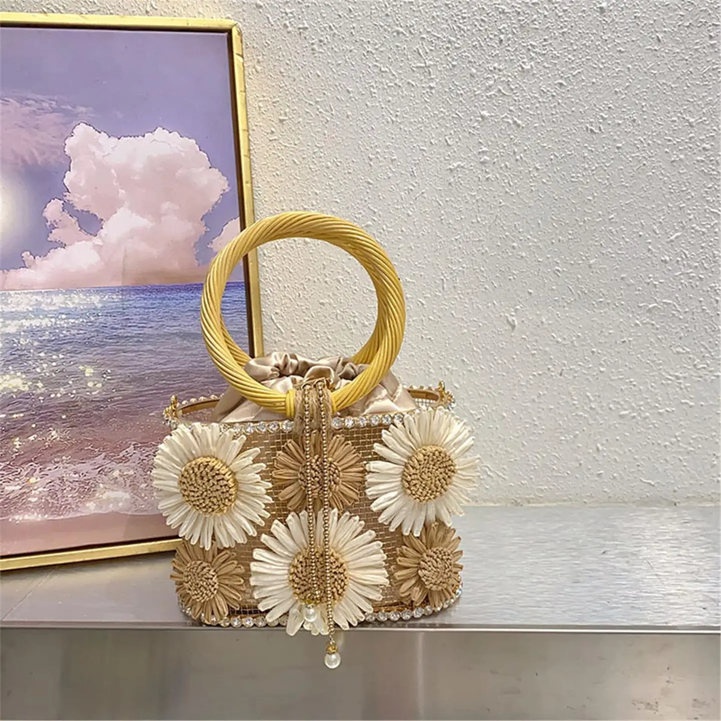 

Сумка-ведер ручной работы со сверкающими стразами и бисером, цветочный дизайн, рыночная корзина, водное ведро, модная женская сумка