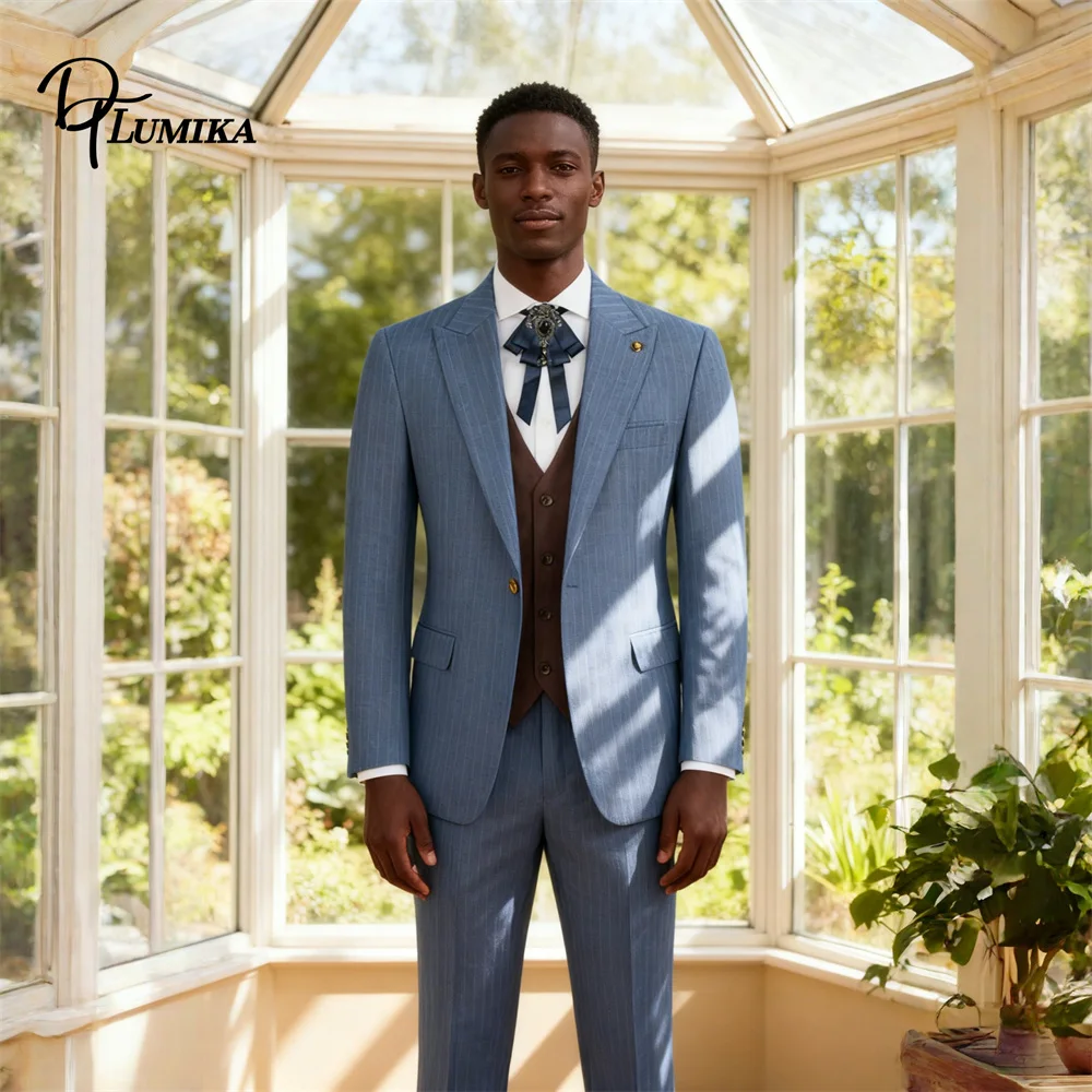 DTLumika High Quality Stripe Suit for Men, Formal Business 3-Piece Suit Set, Dinner Jacket Vest Pants Actual Photo