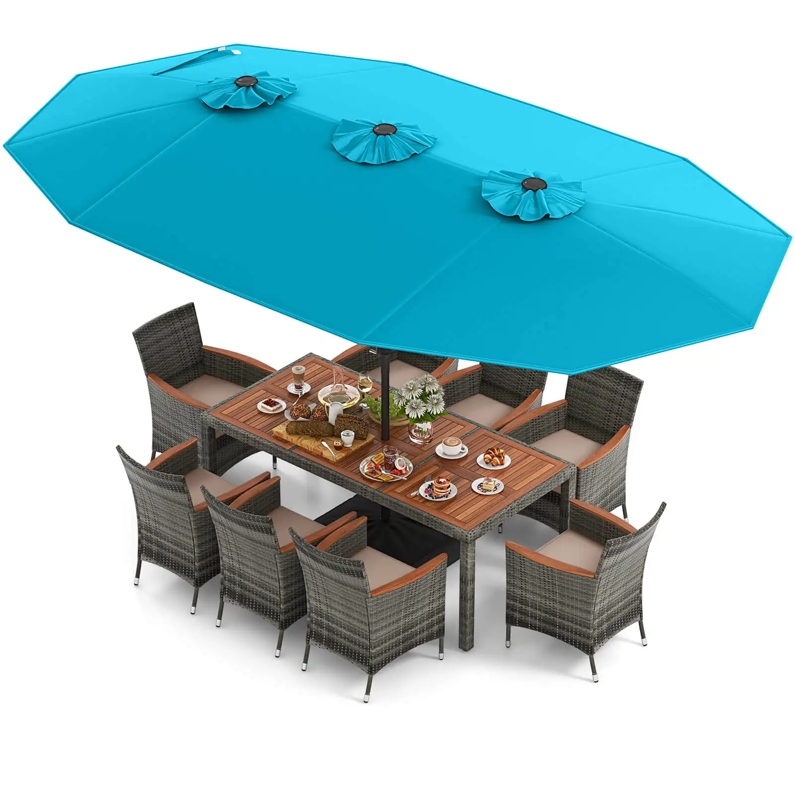 10 Pieces Patio Wicker Dining Set with Double-Sided Patio Umbrella 8 Armchairs Turquoise