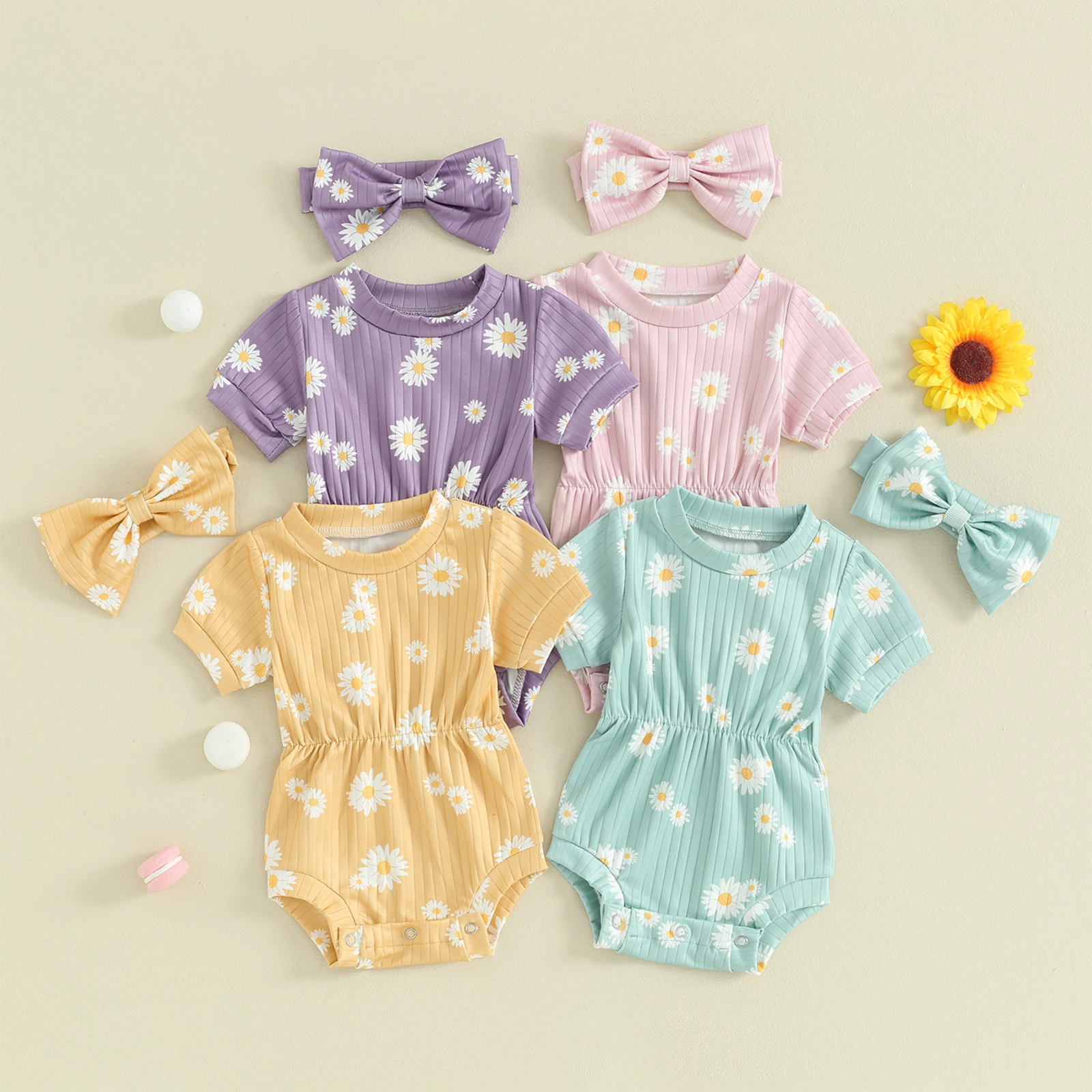 

Baby Girls Daisy Print Short Sleeve Round Neck Rompers Infant Sweety Floral Bodysuits with Headband Summer Girls Clothes