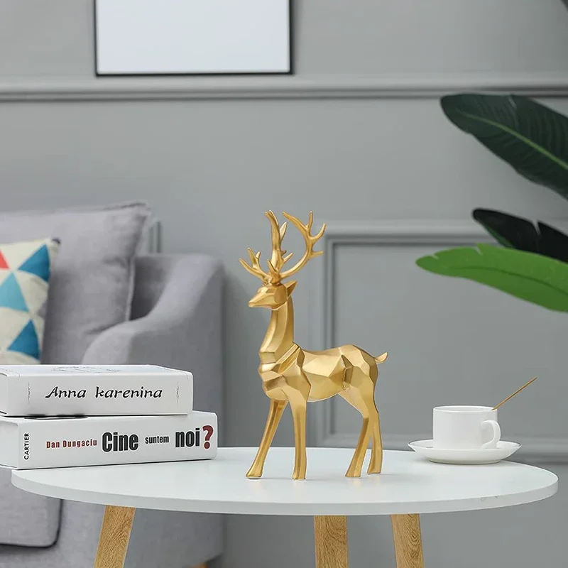 1 SET Resin Geometric Elk Sculpture Standing Gold Deer Statues Festival Reindeer Home Decor Living Room TV Cabinet Ornaments