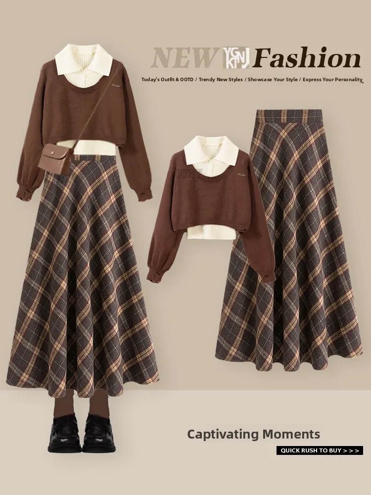 

Winter Short Knitted Sweater Plaid Skirt Set Women's Fashion Artistic Style Layered Vintage College Look High Waist Skirt