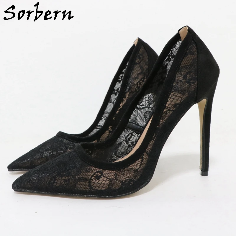 Sorbern Black Lace Women Pump See Through Female Shoes High Heel Stilettos Slip On Pointed Toes Black White Red