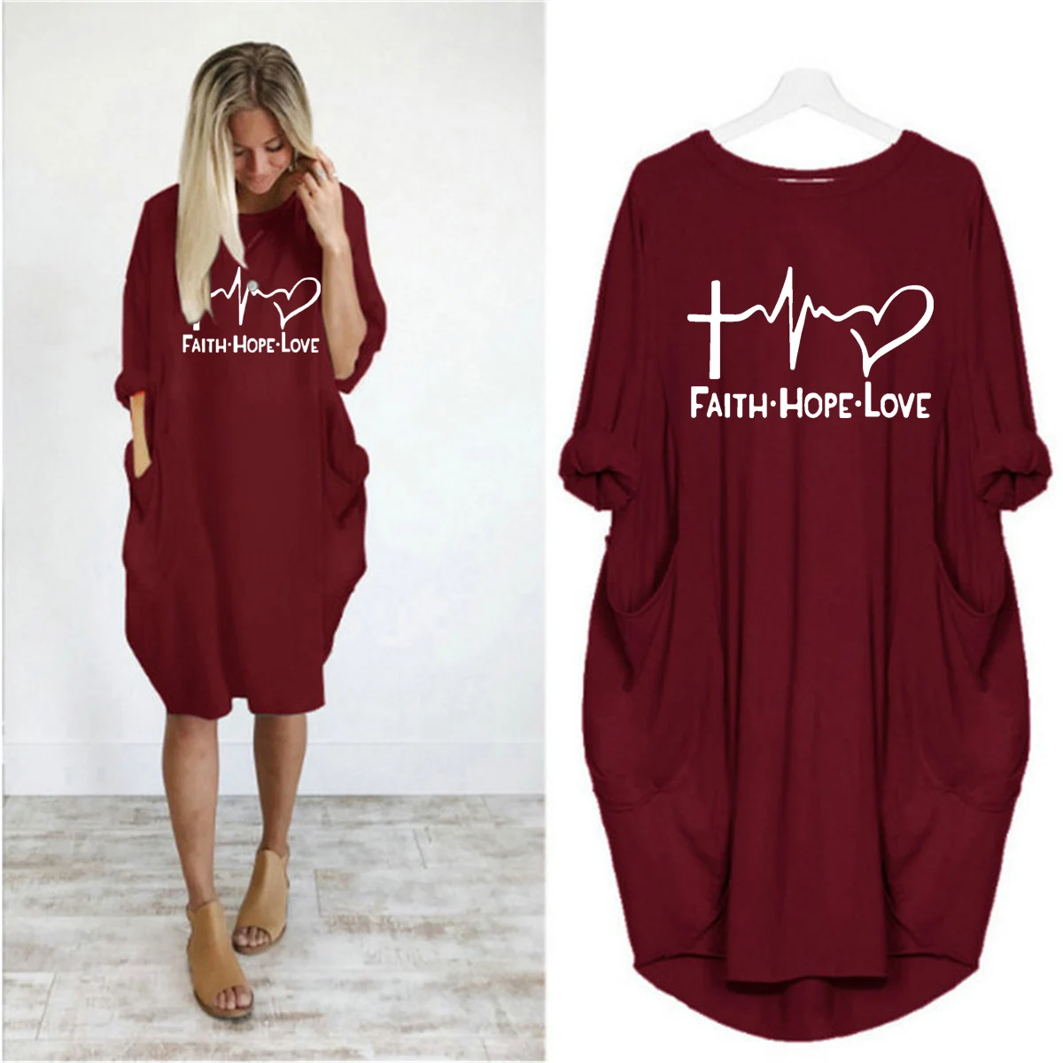 Women\'s Spring and Autumn FAITH HOPE LOVE Letter Print Loose Leisure Round Neck Long Sleeves Plus Size Pocket Dress
