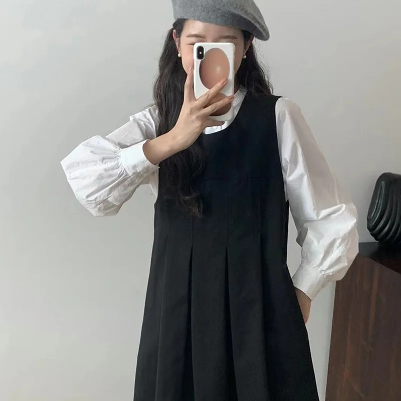 Korea Dongdaemun College Style Black Thin Strap Skirt White Design Stand-up Collar Shirt Set