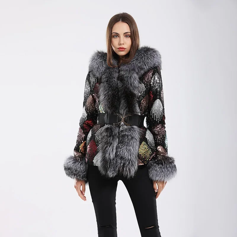 Cappotto invernale da donna 2023 giacche da donna in pelliccia sintetica collo di procione volpe argento staccabile Parker cappotto caldo spesso