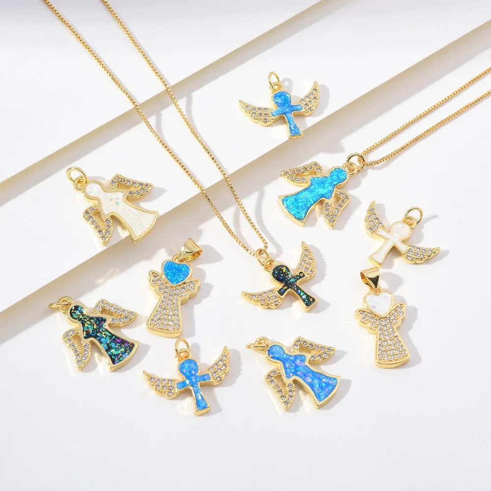 

2 Pcs New Shell Opal Micro Inlay Zircon Angel Pendant for DIY Necklace Jewelry Making Accessories Copper Gold Plated Charm Parts