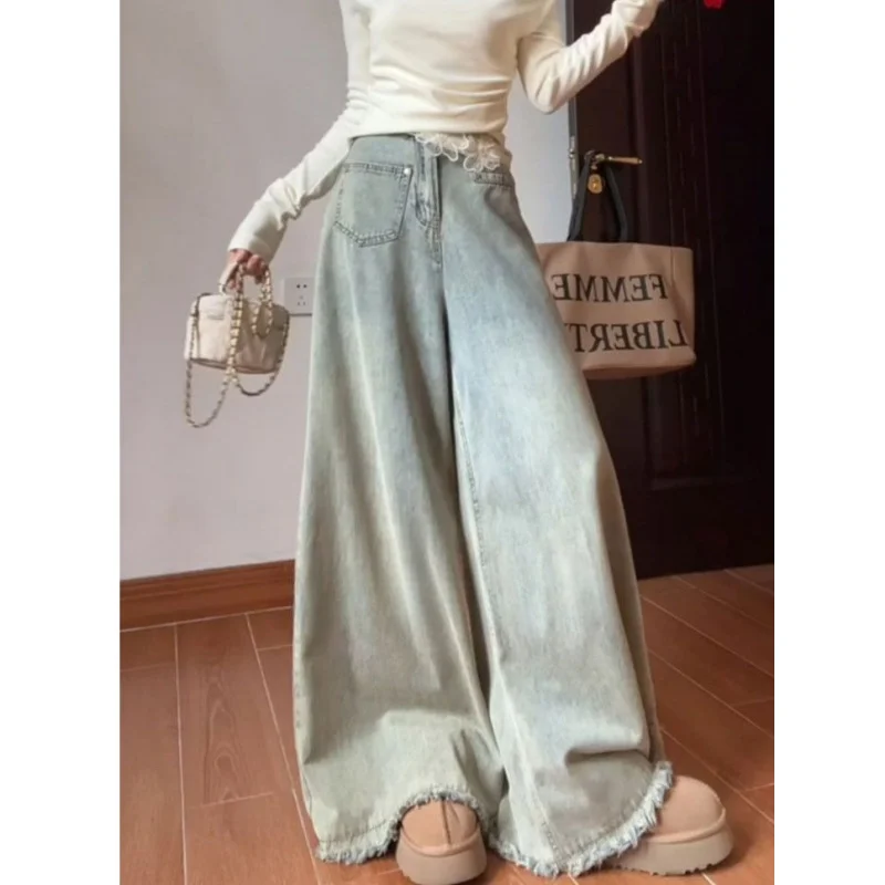 2025 Jeans da donna a gamba larga a vita alta azzurri con vita in pizzo e orlo sfilacciato Pantaloni in denim larghi Moda Casual Streetwear