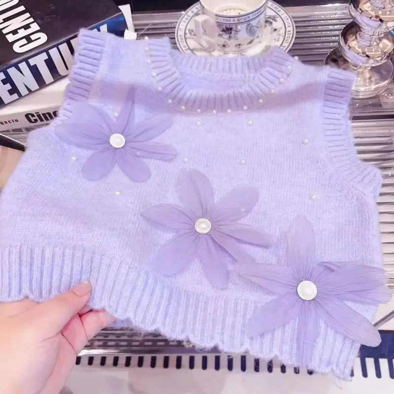 

Fashion Girl Outfit New Style2025Autumn Girls Purple Knitted Vest Shirt Jeans Fashionable Three-piece Set