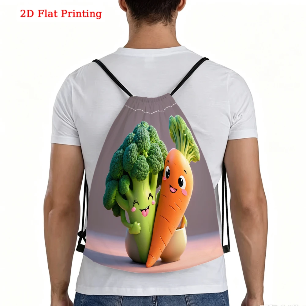 Cartoon Broccoli And Carrot 2D Print Drawstring Backpack Fitness Sports Outdoor Travel Bag