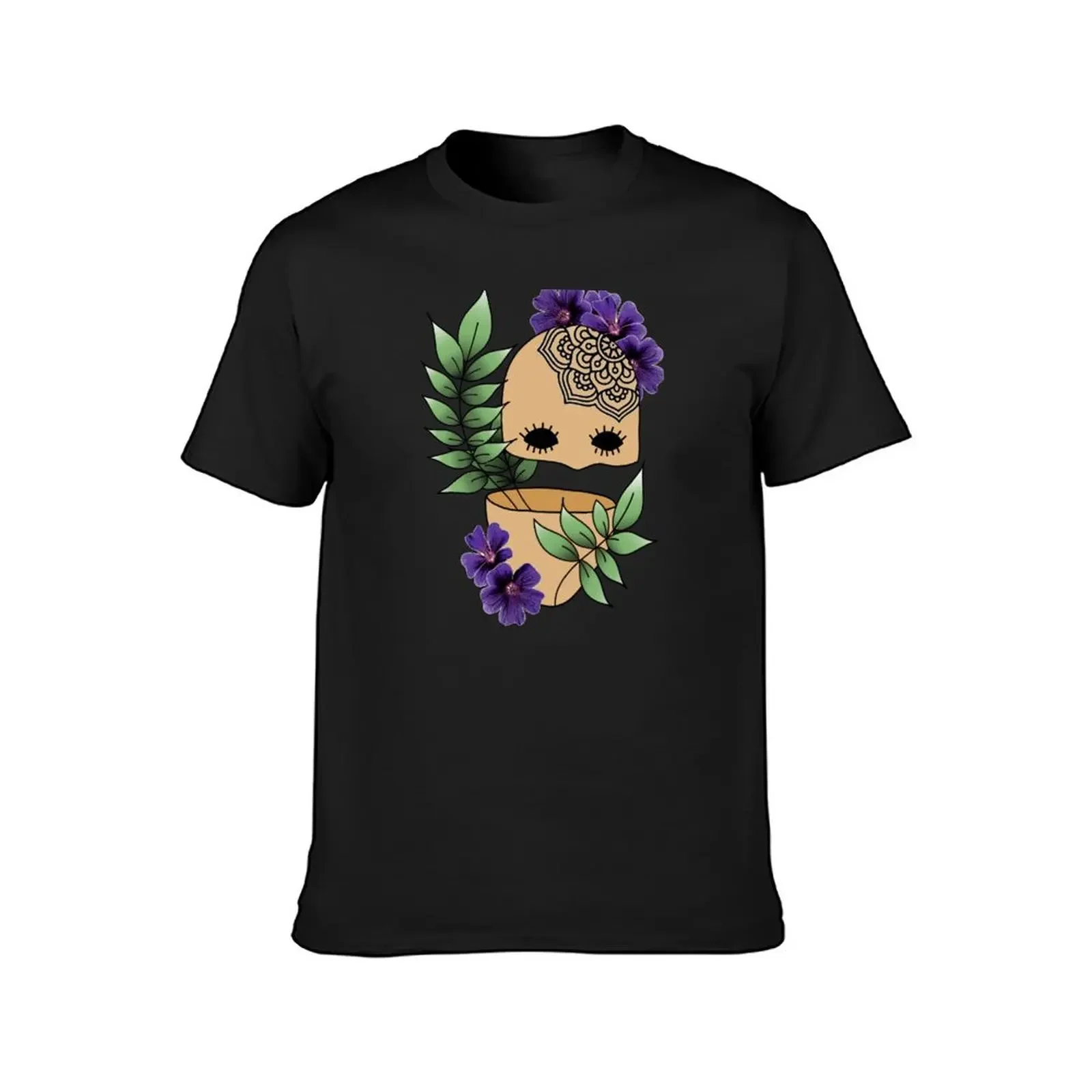 Plant Lover, Creepy Face with Plant Leaf & Purple Flowers - Repeat Print T-Shirt cute tops mens funny t shirts