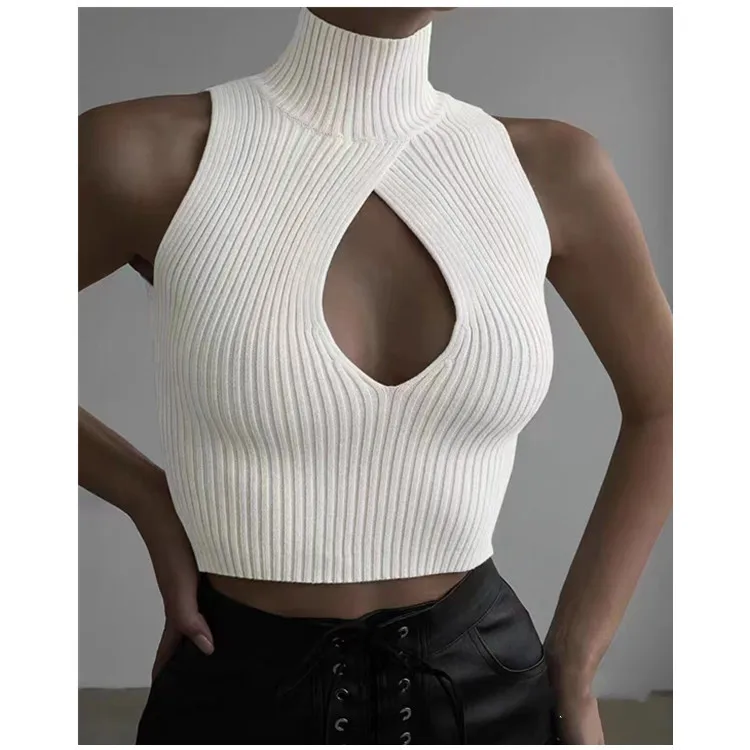 Y2K Cut Out Crop Vest Mock Neck Rib Knit Sleeveless High-Neck Ribbed Tops Tanks and Camis for Women Teengirl Summer Outfit