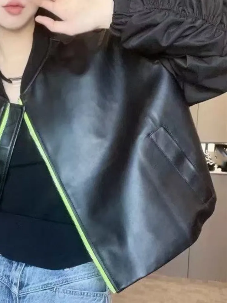 Leisure Style Ladies Solid Color Genuine Leather Jacket Loose Sheepskin Pocket Zipper Long Sleeves Top Quality Outerwear