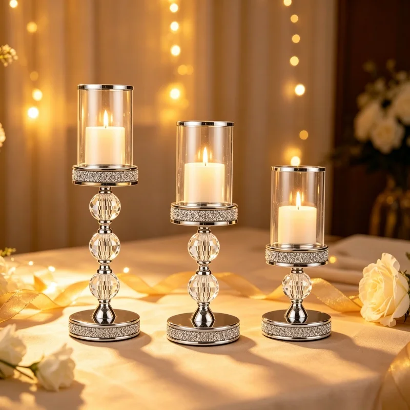 Gold/Silver Crystal Hurricane Candle Holder with Glass Dome & Rhinestone Base for Pillar Candles Wedding Home Table Centerpiece
